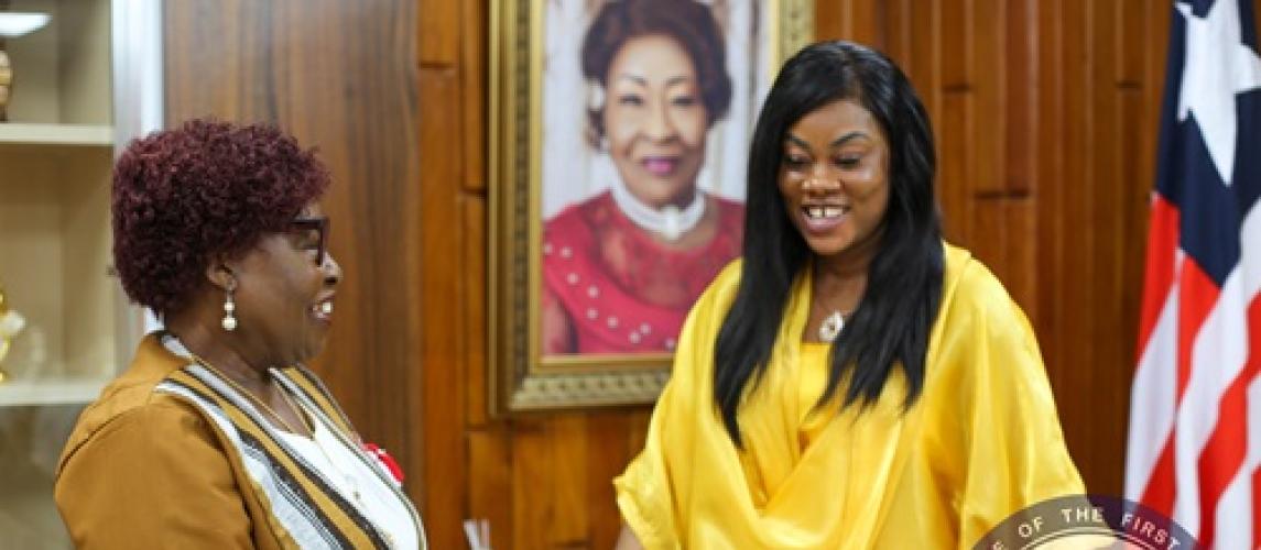 H. E. Mrs. Kartumu Y. Boakai welcomes Second Lady Stephenie Koung with praises for her commitment to serve.