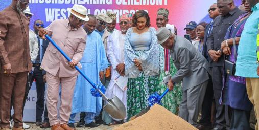 President Joseph Nyuma Boakai Sr. (right) and Julius Maada Bio (left) jointly break ground with ceremonial shovels at the 255-km Western Corridor road project in Liberia. Photo: Executive Mansion